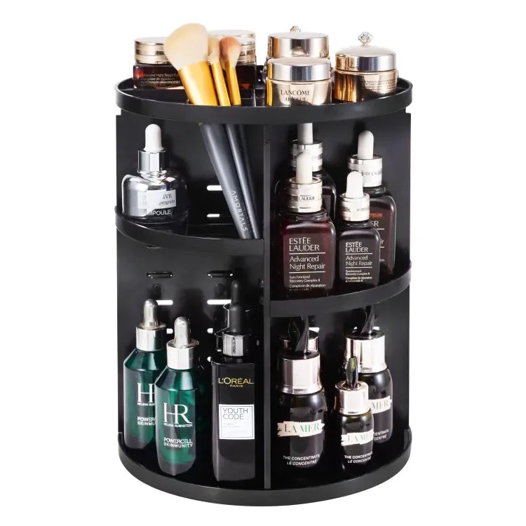 Elegant black 360-degree rotating cosmetic organizer showing multiple tiers for skincare bottles and makeup brushes.