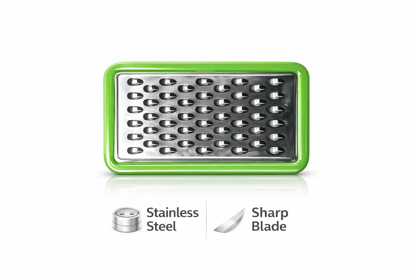 Green and silver grater on a white background with 'Stainless Steel' and 'Sharp Blade' text.