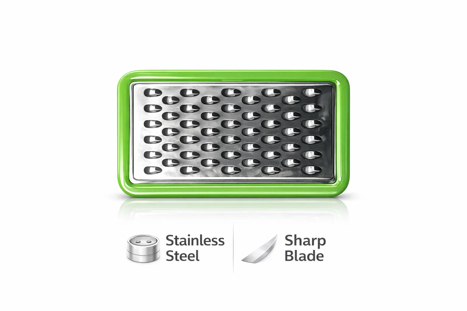 Green and silver grater on a white background with 'Stainless Steel' and 'Sharp Blade' text.