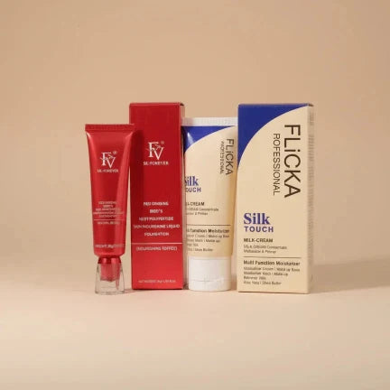 Flicka Silk Touch skincare products on a beige background