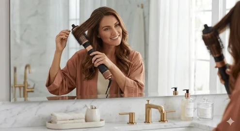 Woman using a hair dryer brush in front of a bathroom mirror.