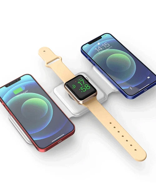 Two smartphones and a smartwatch on a white background