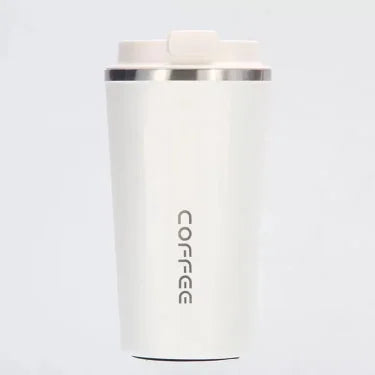 White insulated coffee cup with 'COFFEE' text on a light gray background