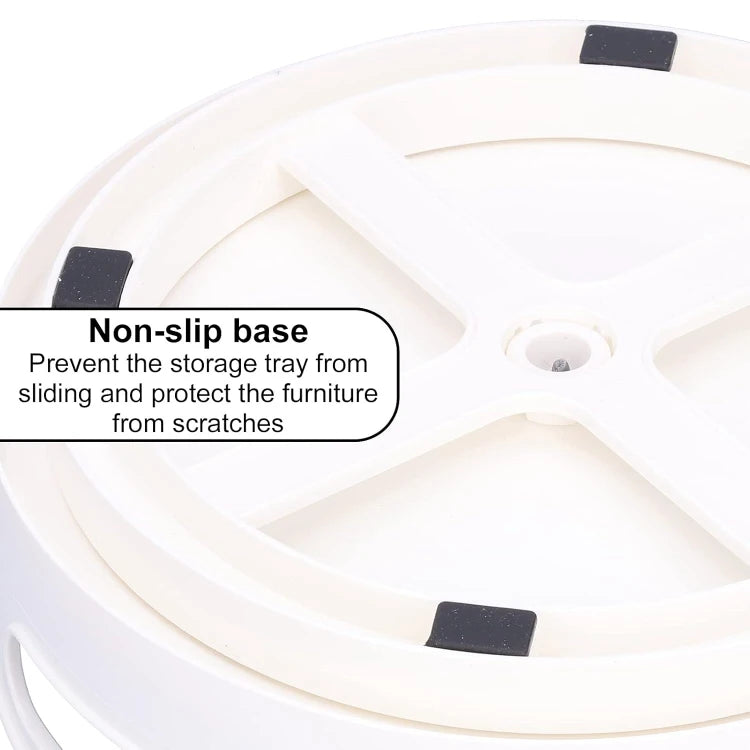 White storage tray with non-slip base and text explaining its function.