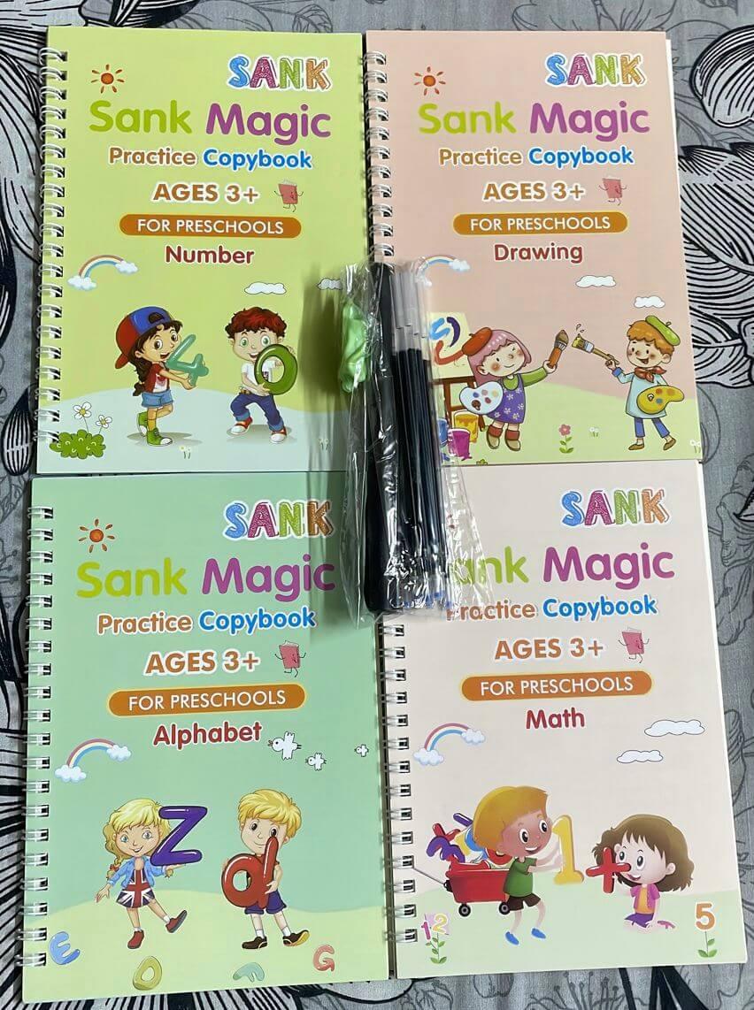 Four-pack of Sank Magic books covering Alphabet, Math, Numbers, and Drawing for preschool learning.
