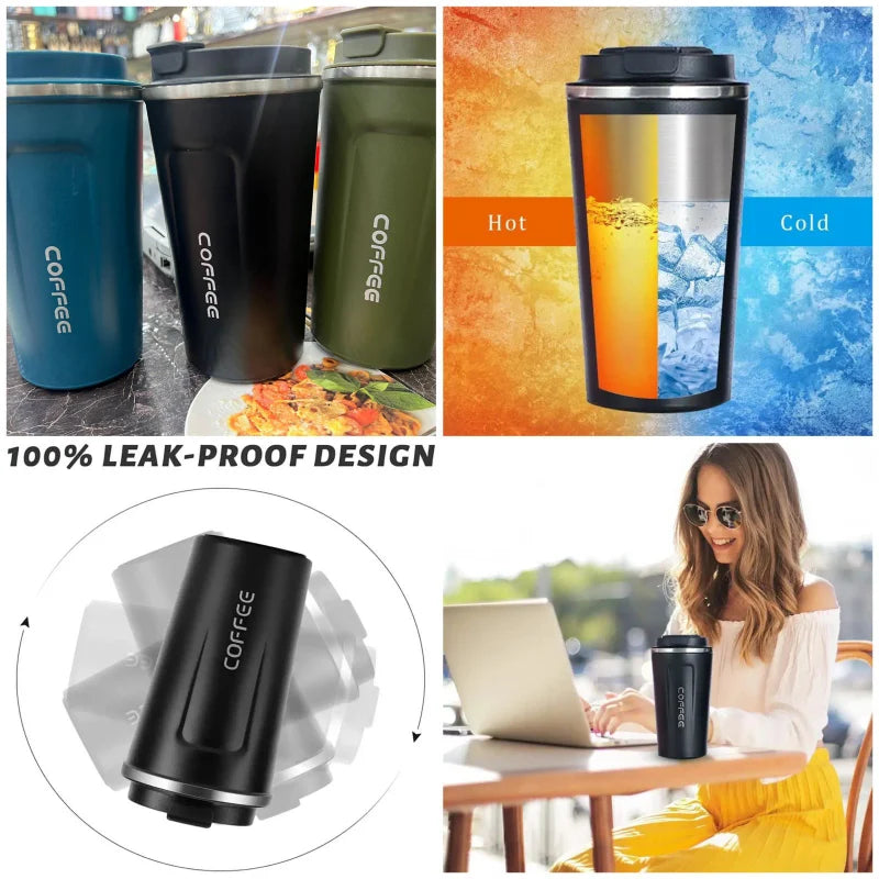 Collage of coffee tumblers in different colors with a woman using a laptop and text highlighting leak-proof design.