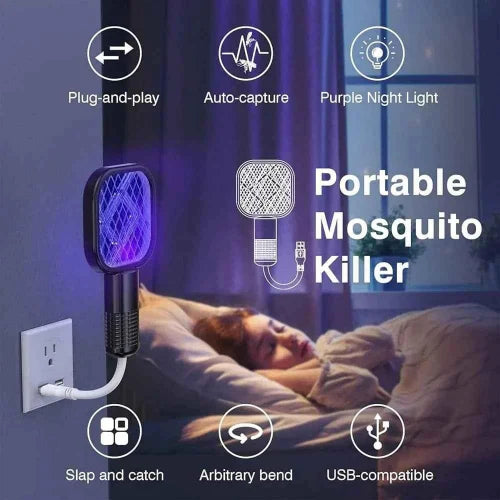 Portable mosquito killer device with features listed on a bedroom background