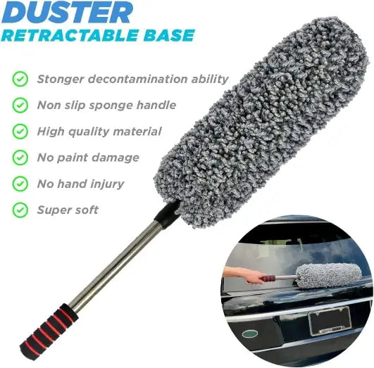 Retractable duster with features listed on a white background