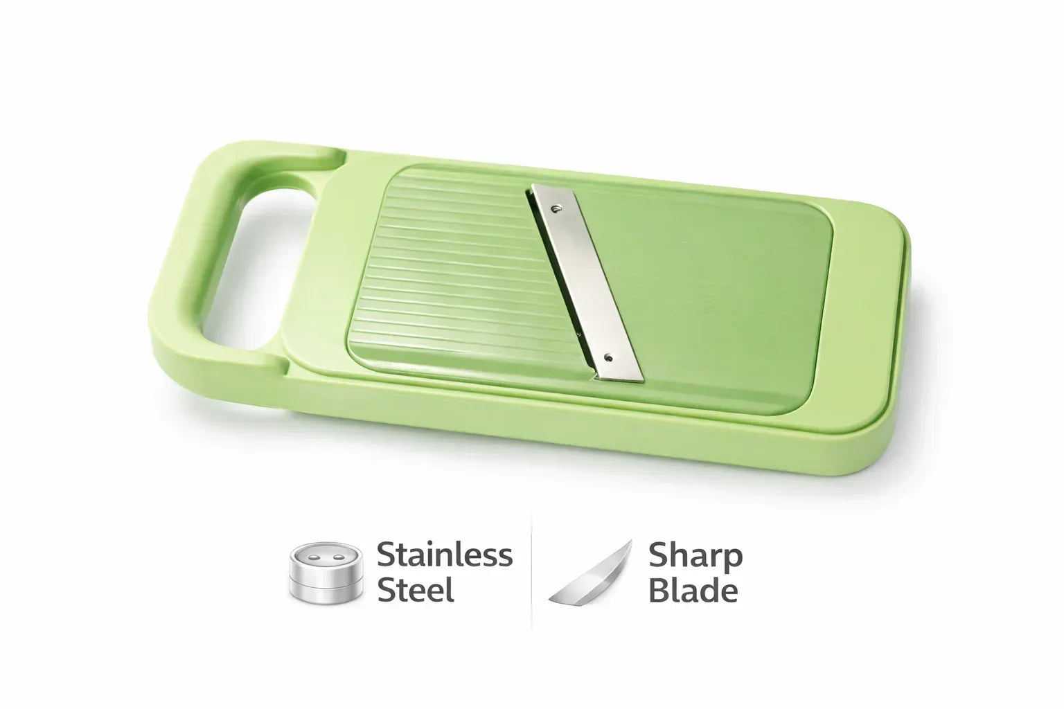 Green cutting board with built-in knife sharpener on a white background