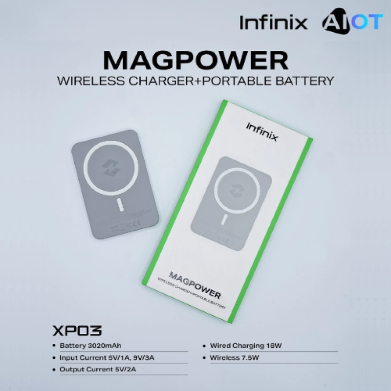 Infinix Magpower wireless charger and portable battery on a light blue background