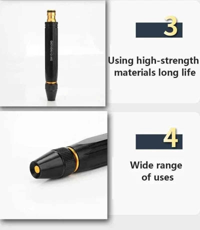 Black pen with gold accents on a white background, featuring text about high-strength materials and wide range of uses.