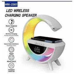 LED wireless charging speaker with colorful design on a white background