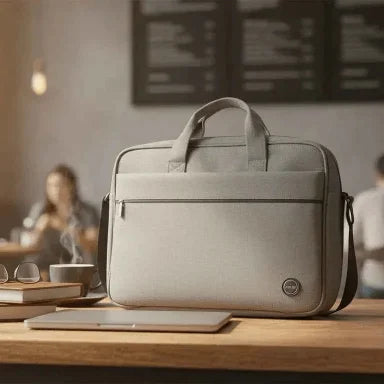 Light gray laptop bag on a wooden table with a blurred cafe background