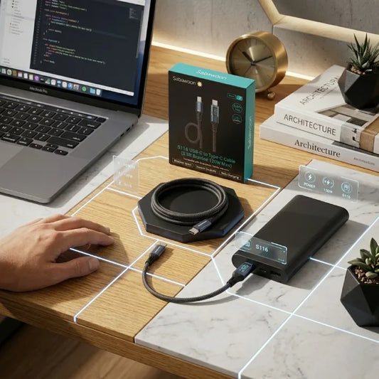 Laptop on a desk with a power bank, wireless charger, and books in the background