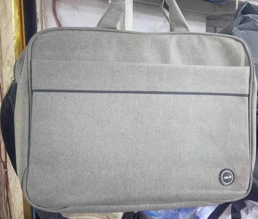 Gray laptop bag with a brand logo on a patterned background