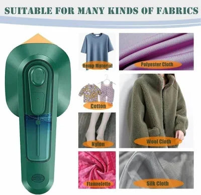 Green fabric shaver with images of various fabrics it can be used on.