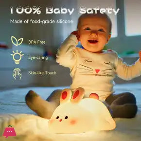 Baby sitting on a bed with a silicone night light, surrounded by safety features text.