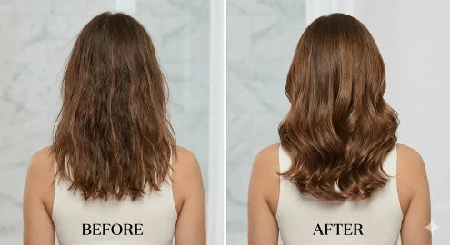 Before and after comparison of hair treatment on a person with a neutral background