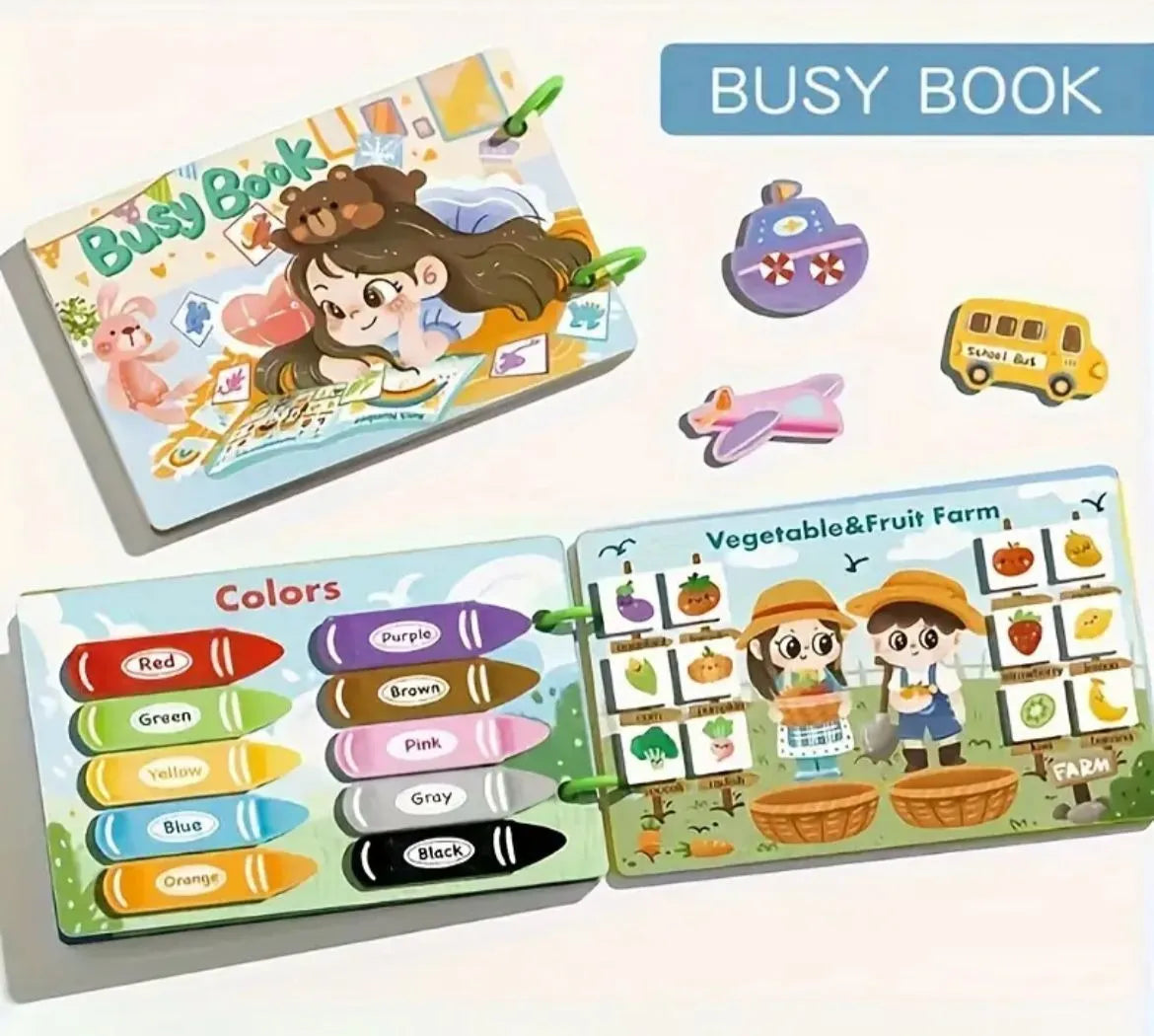 Children's busy book with colorful pages and illustrations on a white background