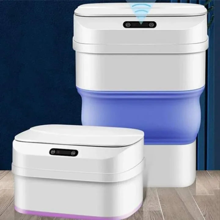 Modern white automatic sensor dustbin with a sleek lid and built-in motion sensor for hands-free opening.