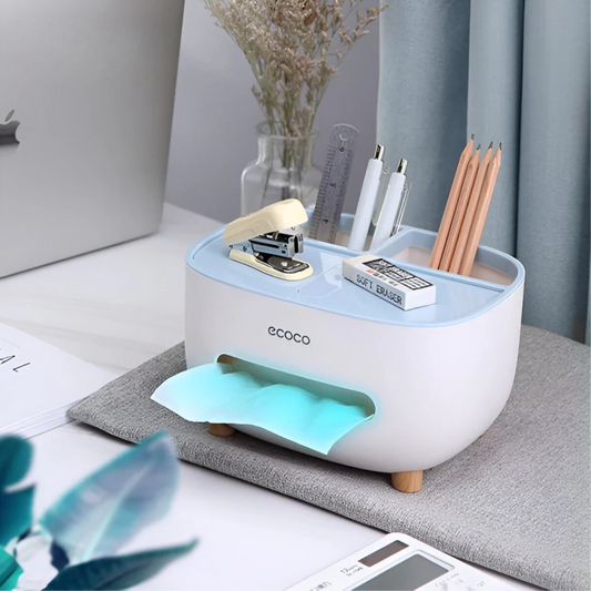 Desk organizer with stationery items on a desk, featuring the brand 'ecoco'.