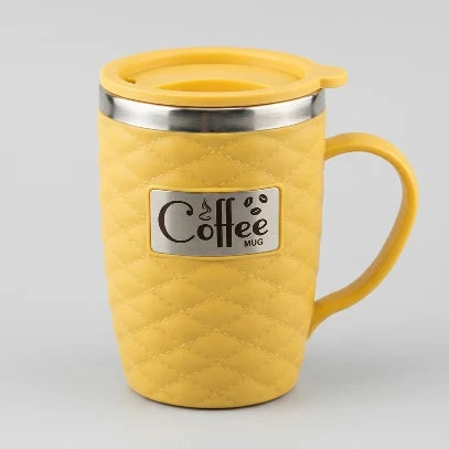 Yellow coffee mug with a lid and 'Coffee Mug' label on a light gray background