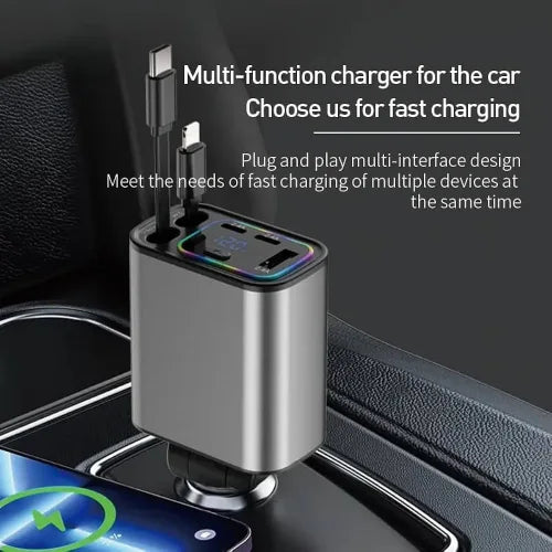 Multi-function car charger with multiple ports on a car dashboard.