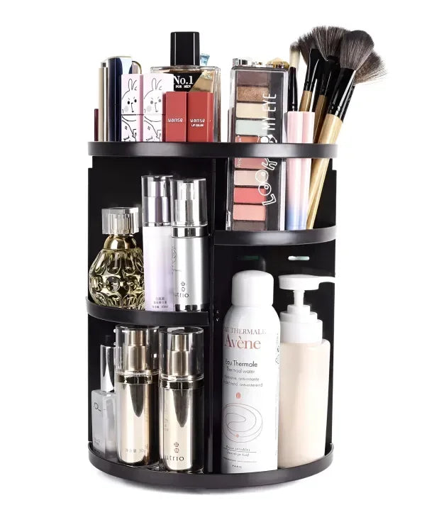Organized top compartment of the rotating beauty stand holding lipsticks and nail polishes.