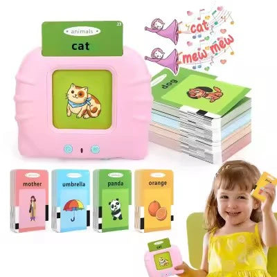Educational toy with cards and a child holding a card, featuring animal-themed learning material.