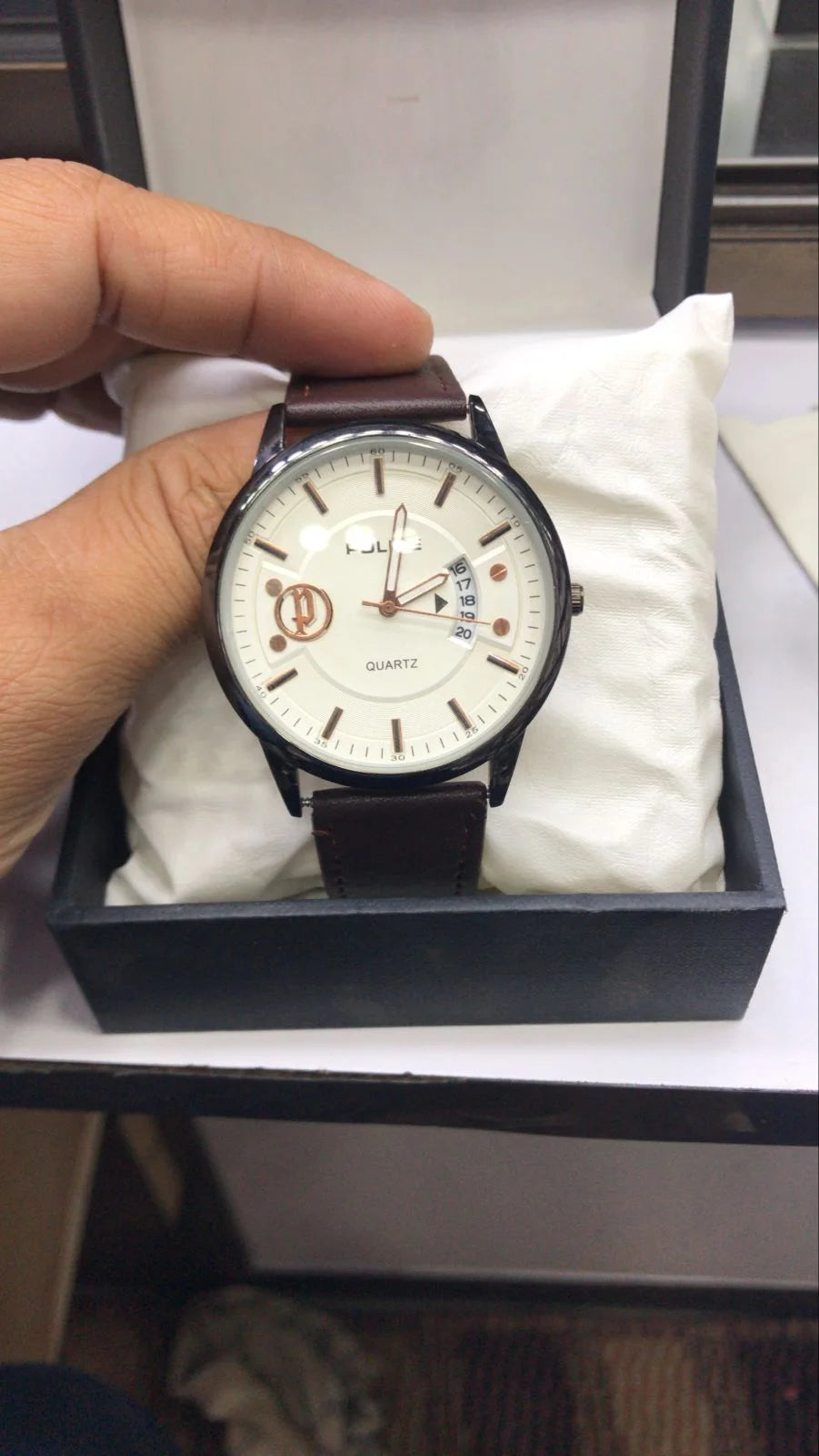 Police watch flat lay showing full design with mesh or leather strap