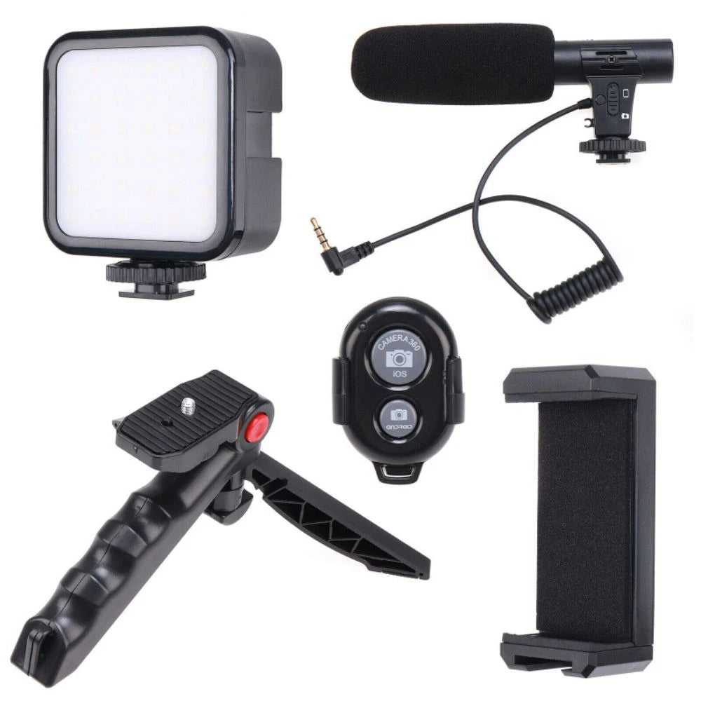 Collection of video and photography accessories including a light, microphone, remote control, and phone holder on a white background.