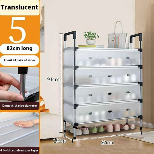 Translucent shoe rack with dimensions and shoe storage capacity shown, placed against a neutral wall.