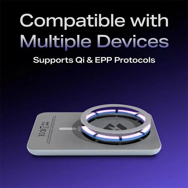 Wireless charging pad with text 'Compatible with Multiple Devices Supports Qi & EPP Protocols' on a dark background