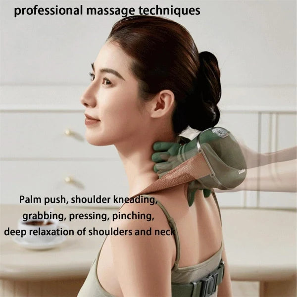 Woman receiving neck and shoulder massage from a professional using massage gloves.