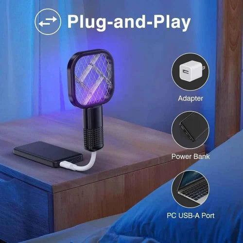 Portable electronic device with USB cable on a wooden surface, with 'Plug-and-Play' text and icons.