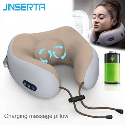 Charging massage pillow with Jinserta branding, showing product and charging cable.