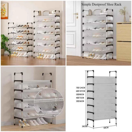 Collage of a shoe rack with shoes on shelves in different settings.