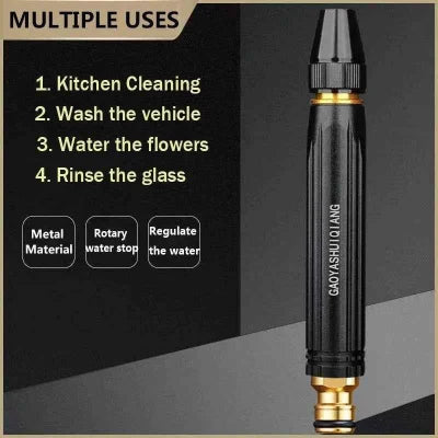 Black and gold spray nozzle with uses listed on a dark background
