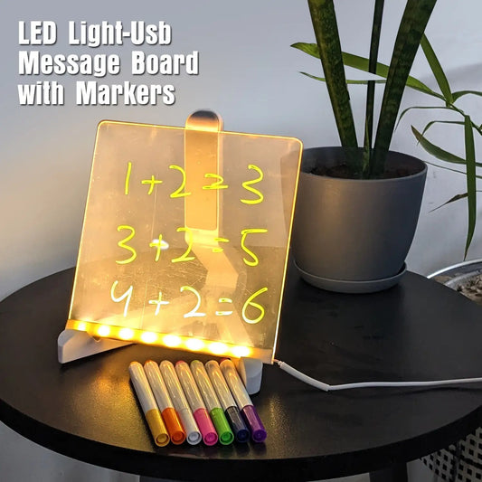 Acrylic stand with colorful drawings and text, wkth nunbers display and pen