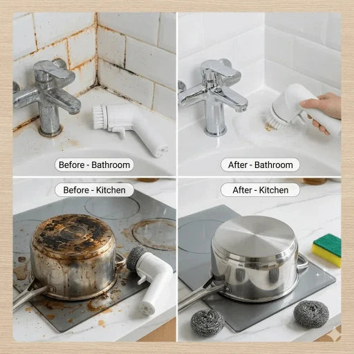 Before and after cleaning images of a bathroom and kitchen with a scrubber.