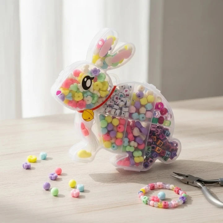 Bunny-shaped container filled with colorful beads and a bracelet on a wooden surface.