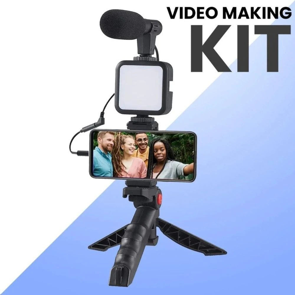 Video making kit with smartphone holder, microphone, and light on a blue and white background.