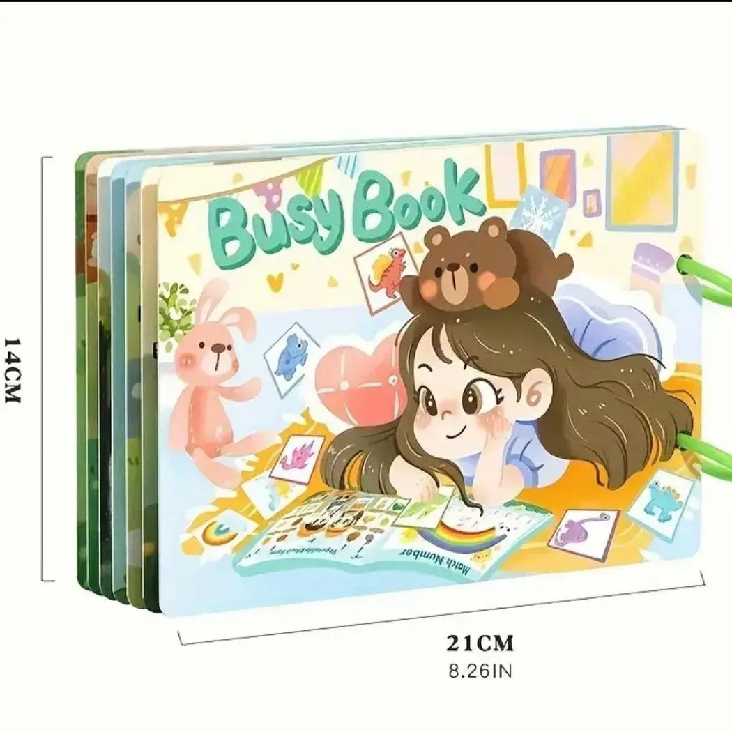 Children's busy book with cartoon illustrations and dimensions displayed