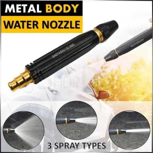 Metal body water nozzle with three spray types displayed on a white background.