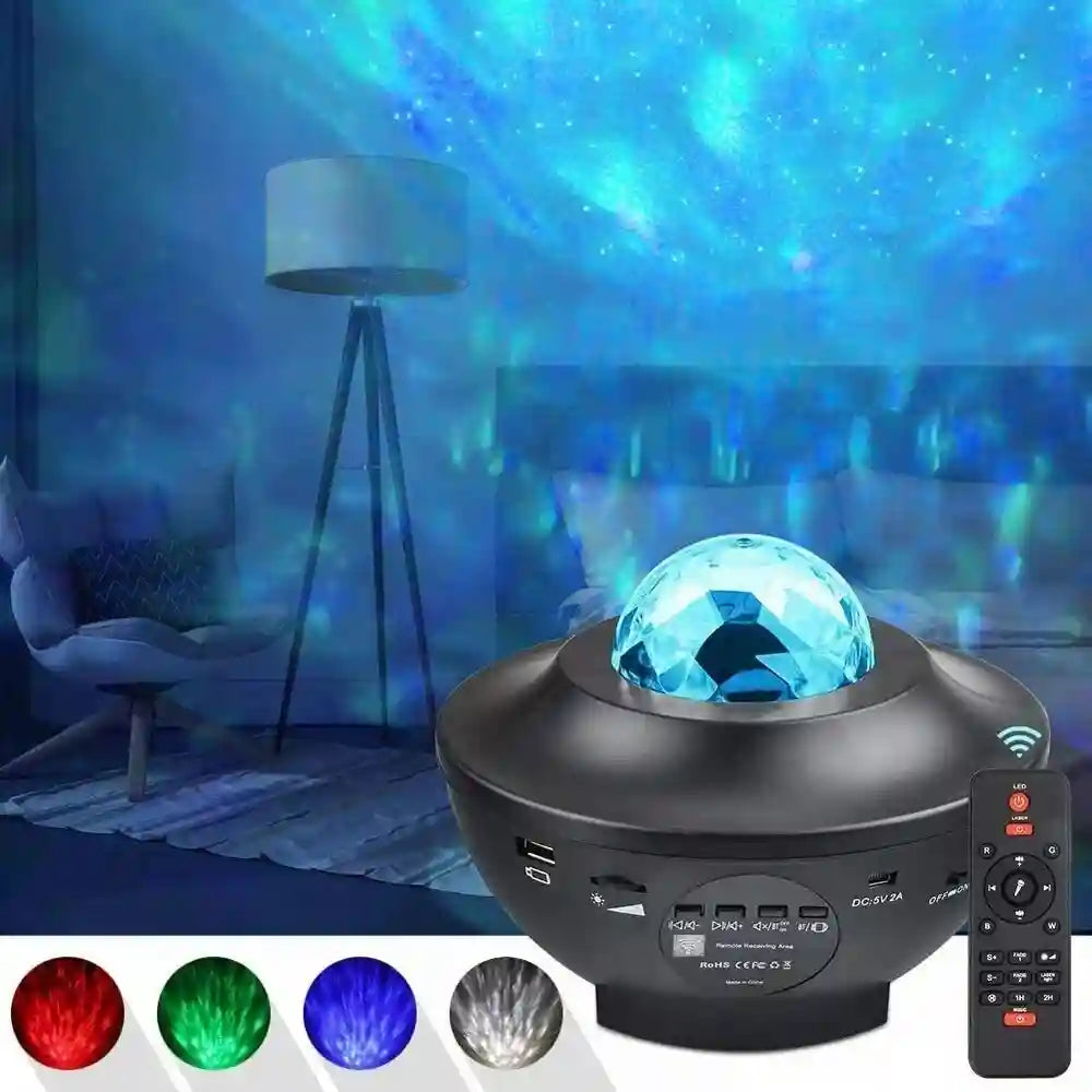 Starry night light projector in a room with a lamp and chair, showing color options on the bottom.