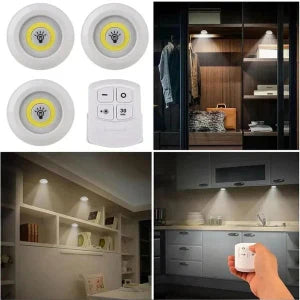 Collage of LED light bulbs, remote control, and their use in various settings.