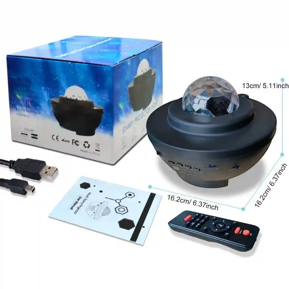 Black star projector with remote control, USB cable, and packaging on a white background