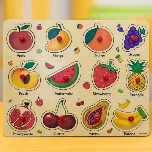 Wooden puzzle with colorful illustrations of fruits and vegetables on a yellow background
