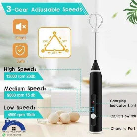 Black handheld milk frother with speed settings and product details on a light background