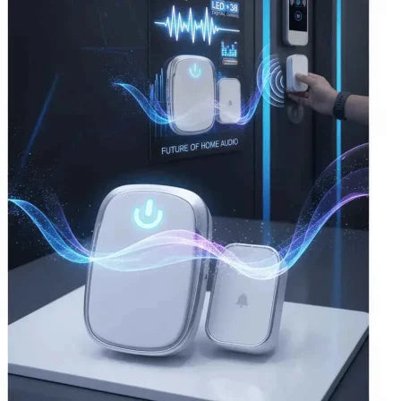 Smart home audio devices with futuristic design elements on a dark background